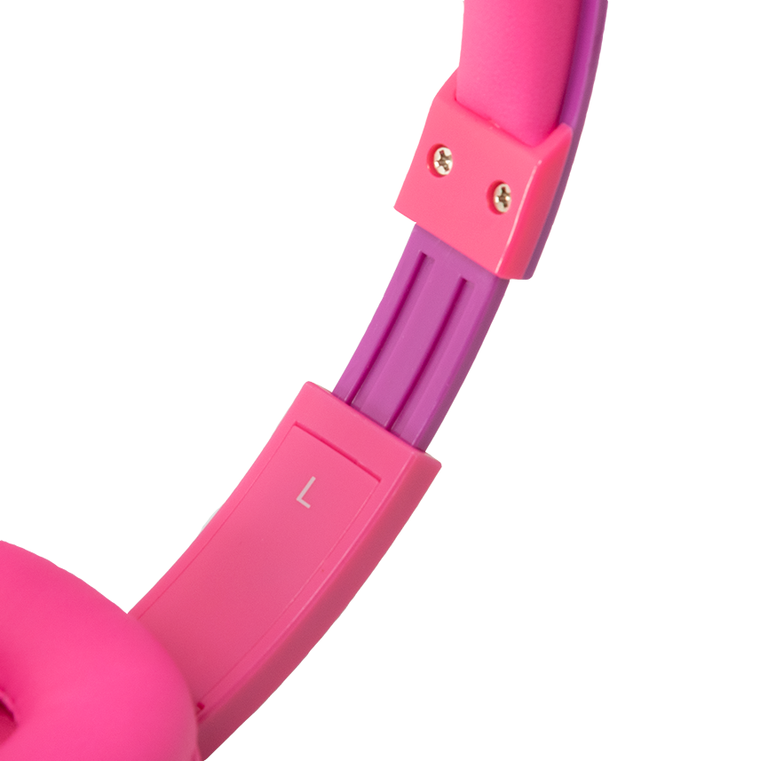 Pink headphones with a pink and purple adjustable band, 'L' marked on the left side.