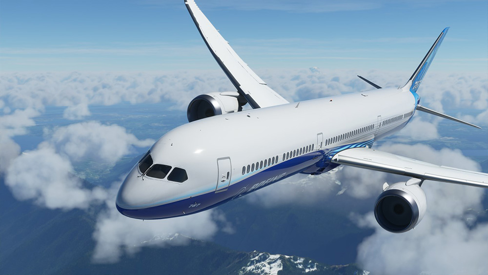 Boeing 787 Dreamliner volant au-dessus des nuages et des montagnes, montrant l'avion en vol.