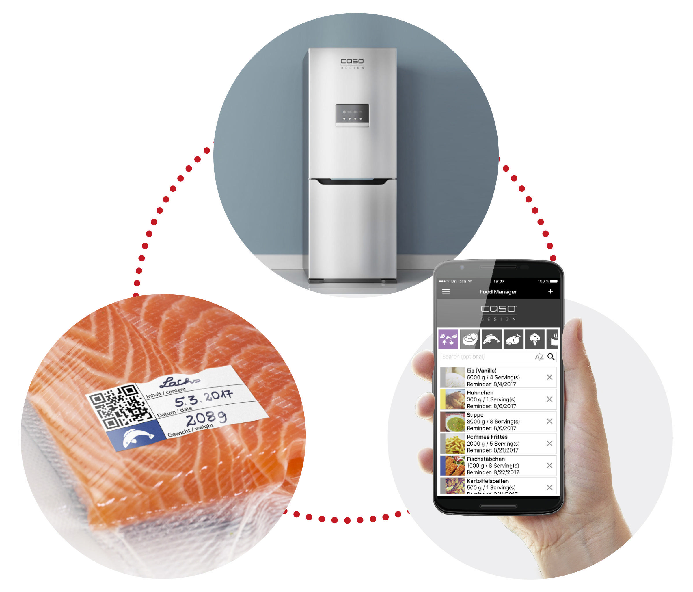 Lachs mit Food Manager App, Kühlschrank und Etikett.