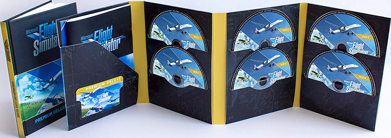 Édition Premium Deluxe de Microsoft Flight Simulator, avec disques de jeu et manuel, ouverte sur une surface blanche.