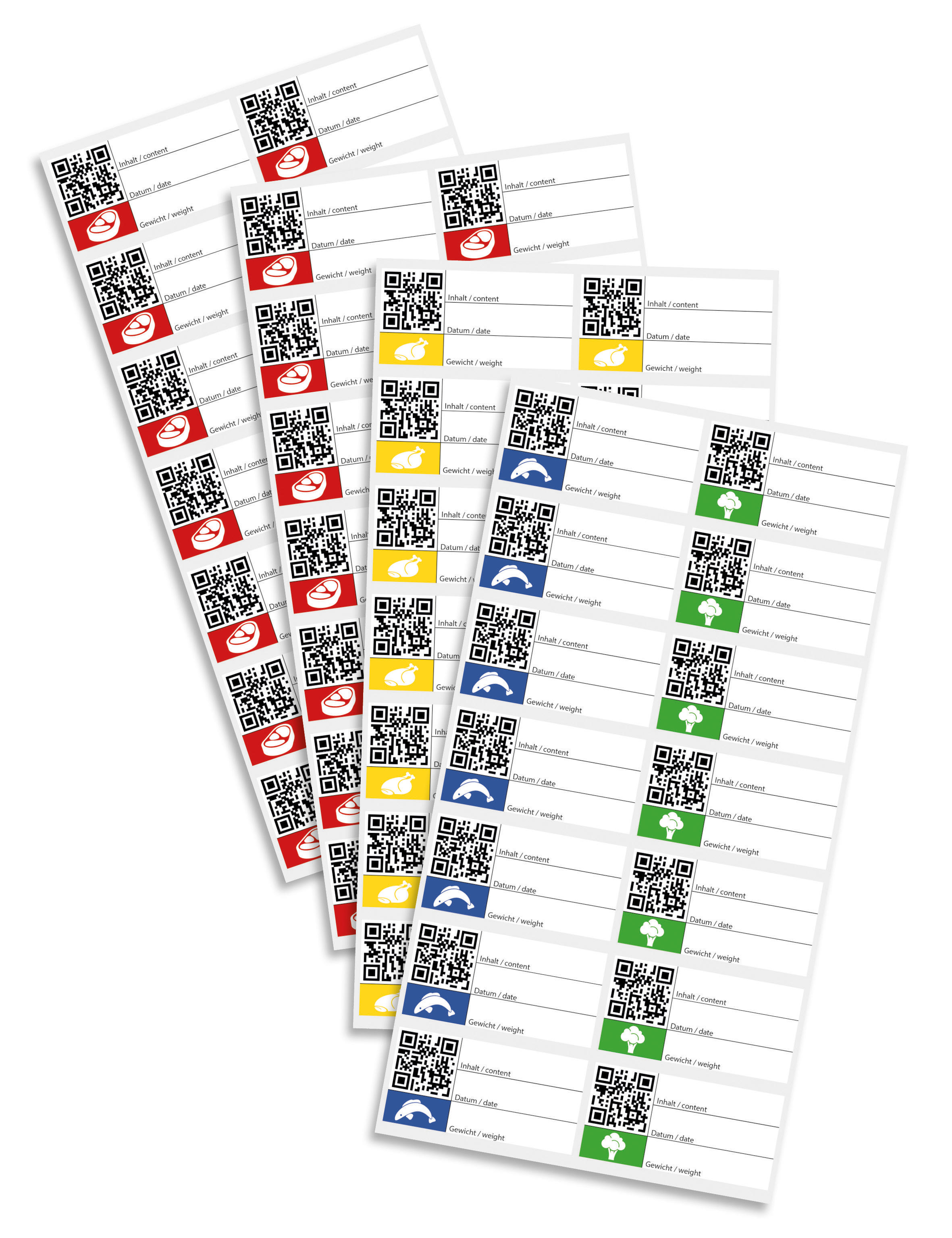 Etiketten mit bunten Symbolen und QR-Codes, gestapelt, weißer Hintergrund.