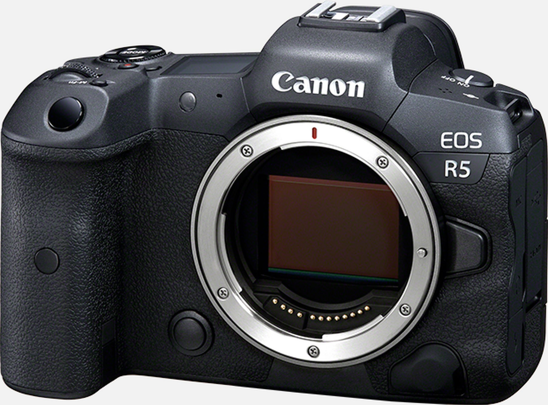 Un appareil photo Canon EOS R5 noir.