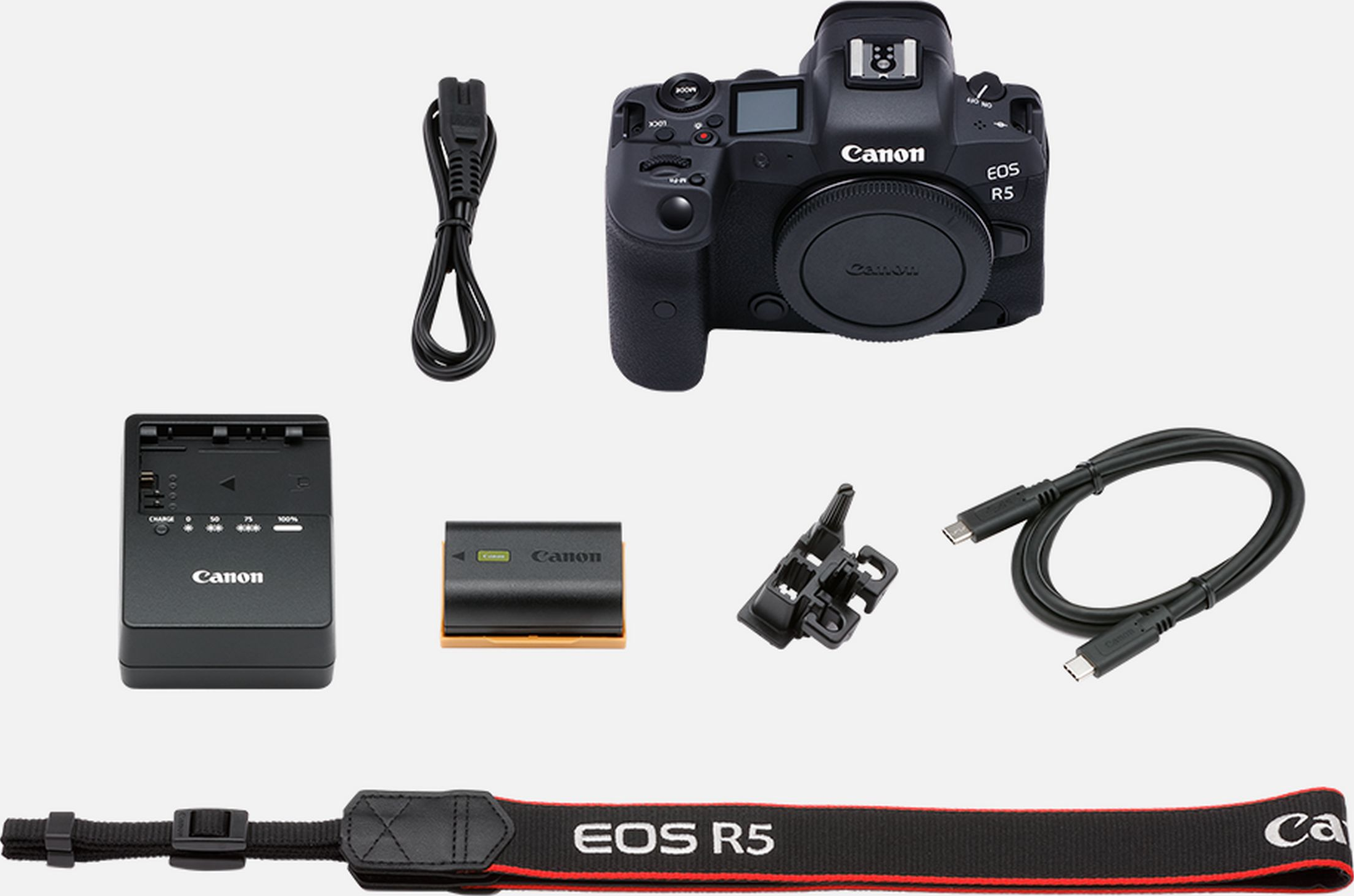 Appareil photo Canon EOS R5 et accessoires : chargeur, batterie, sangle, câble.