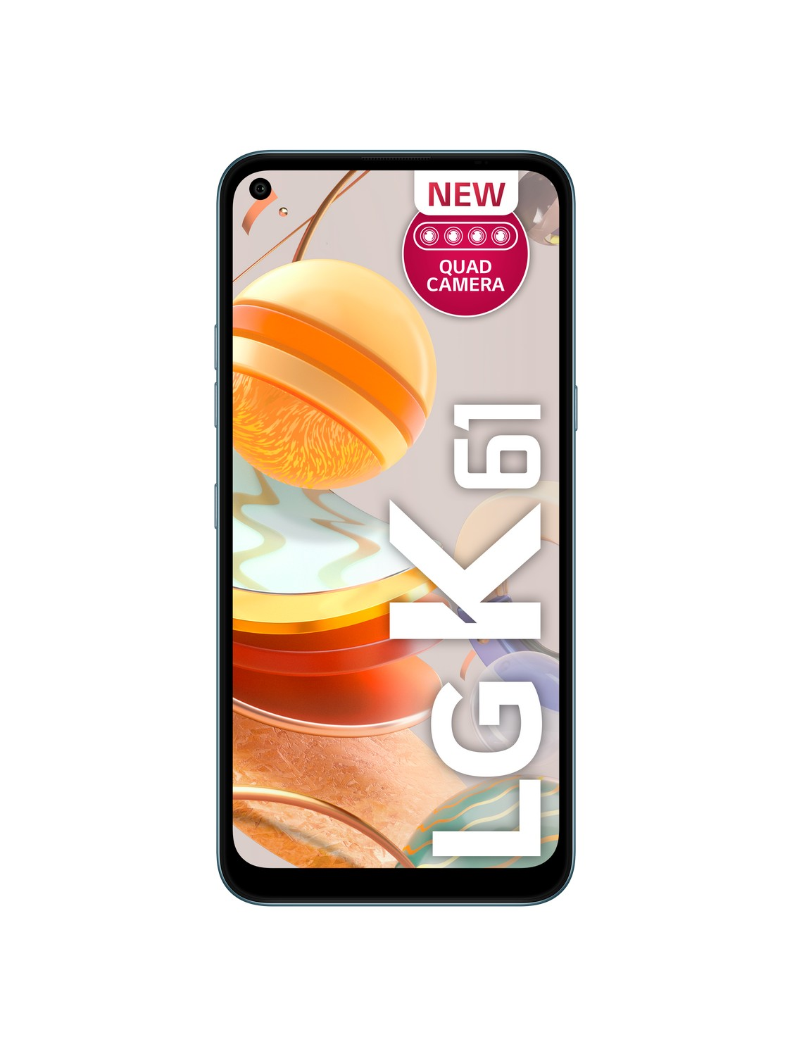 Un nuevo smartphone LG K61. Es negro con una pantalla grande que muestra una imagen abstracta colorida.