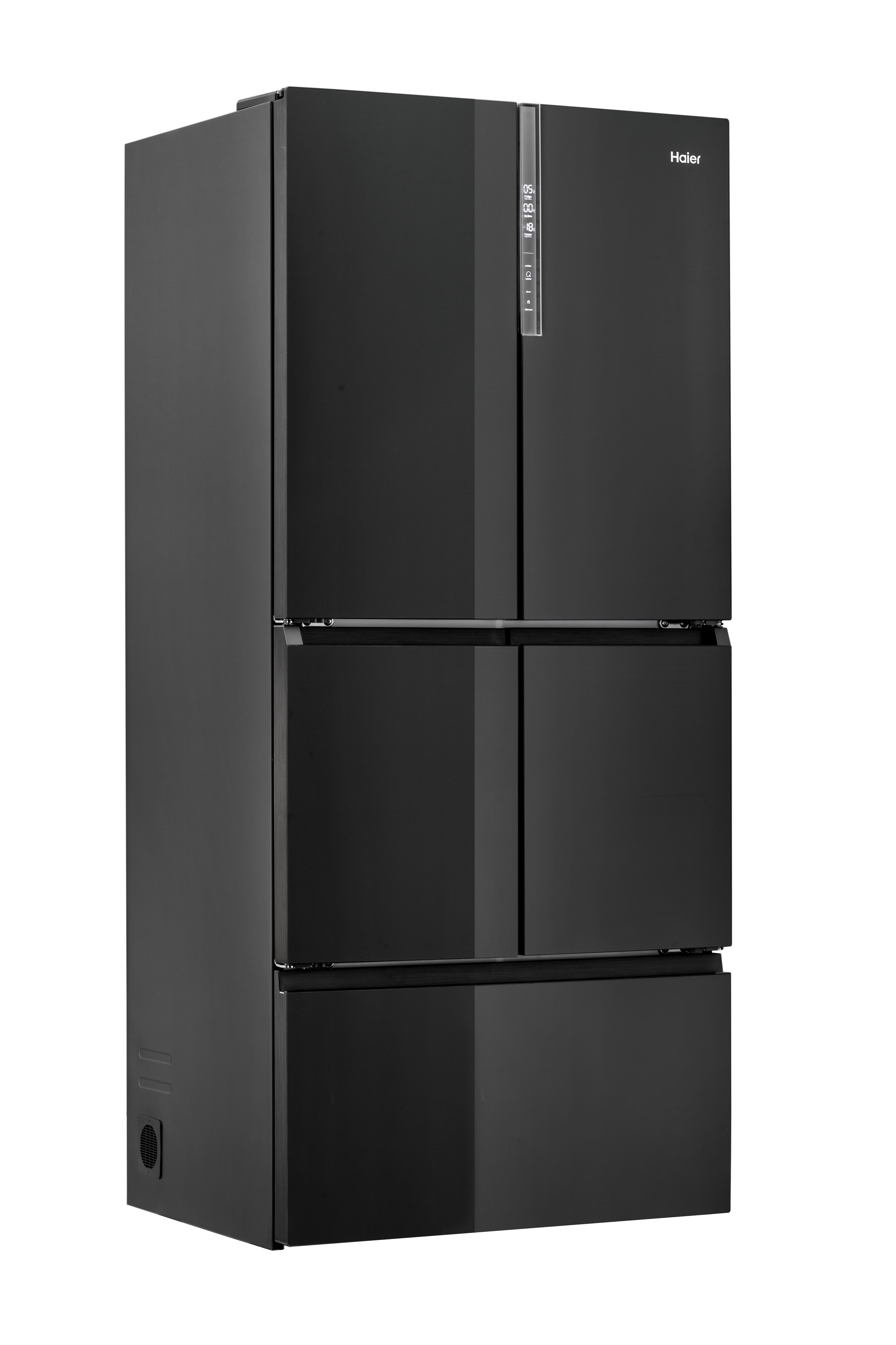 Ein schwarzer Haier-Kühlschrank mit vier Türen.