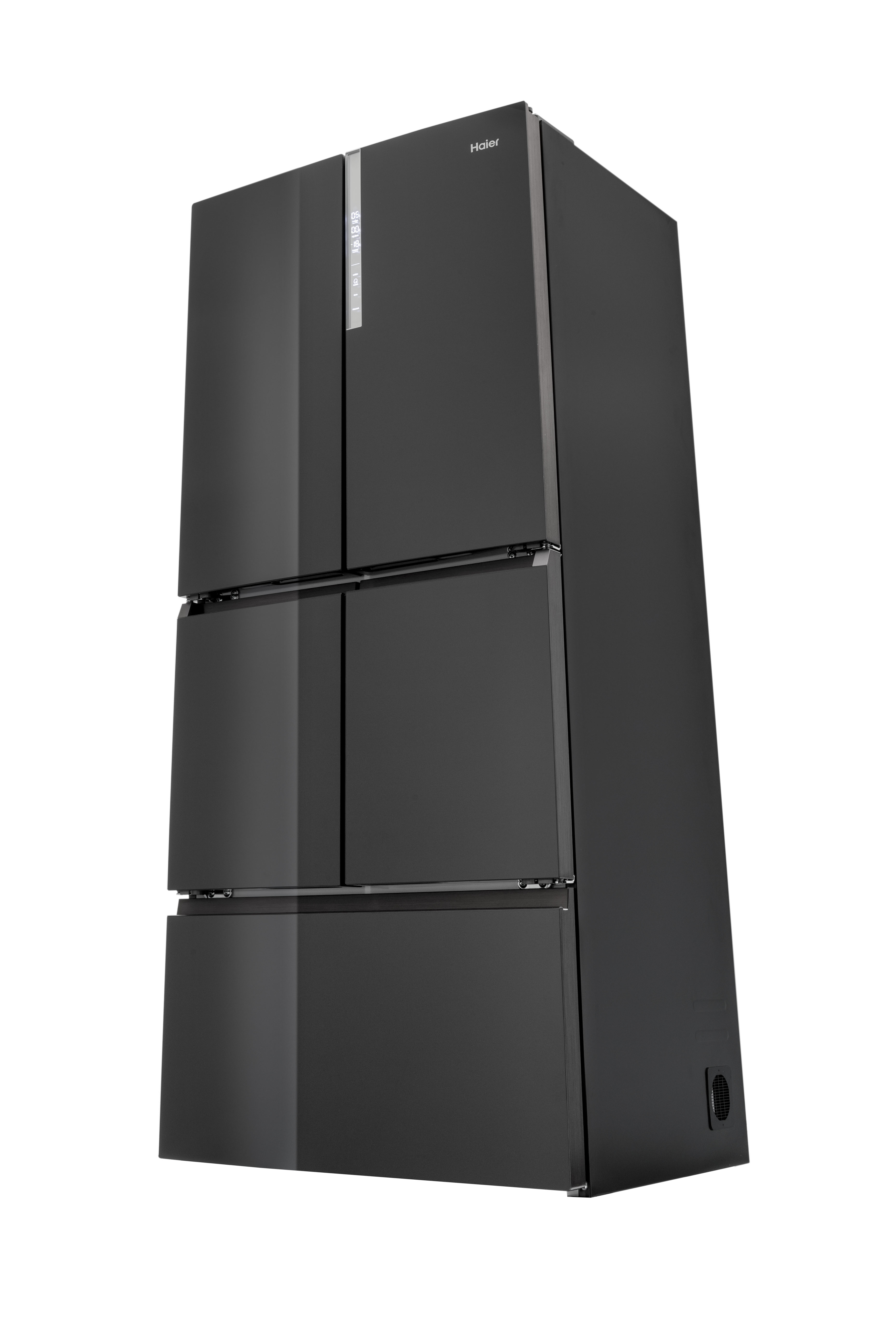 Schwarzer Haier-Kühlschrank, vier Türen, mit schlankem Design, isoliert auf Weiß.