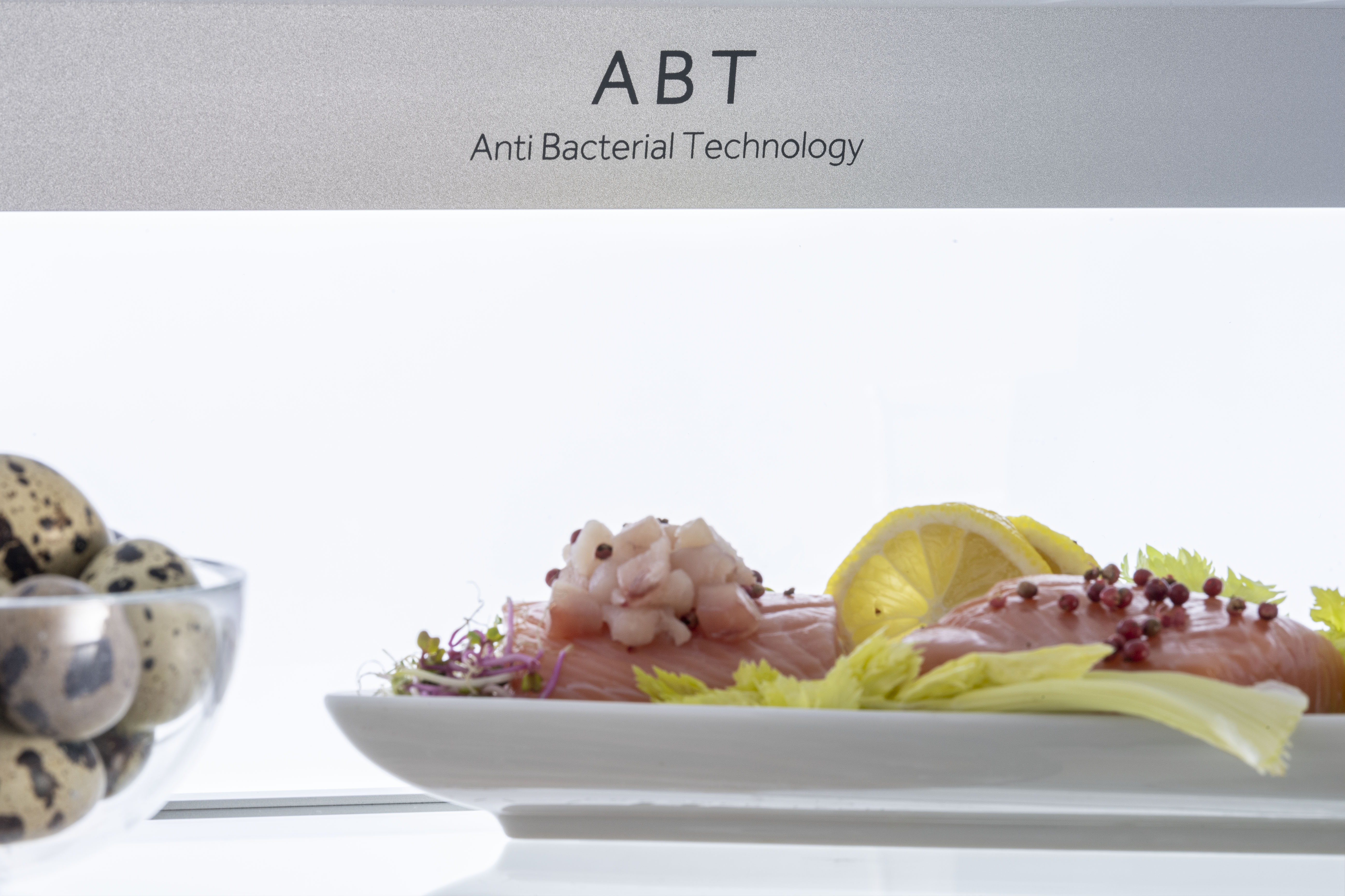 Ein Teller mit Lachs, Zitrone und Wachteleiern, im Hintergrund 'Anti Bacterial Technology'.