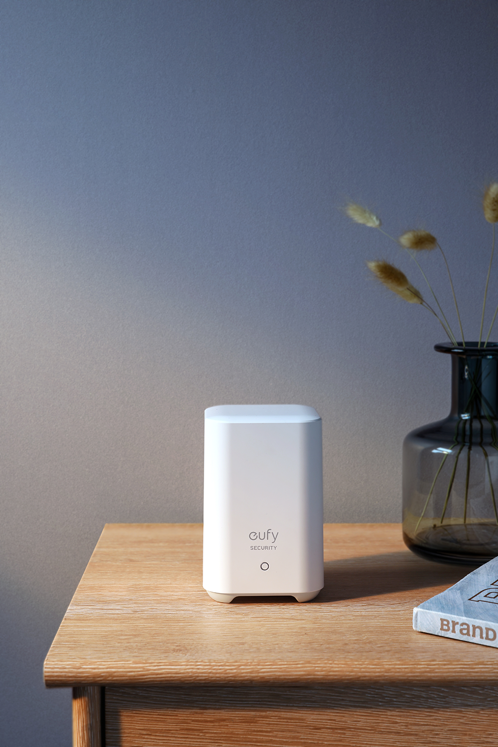 White security device on a wooden table, next to a vase with plants and a book.