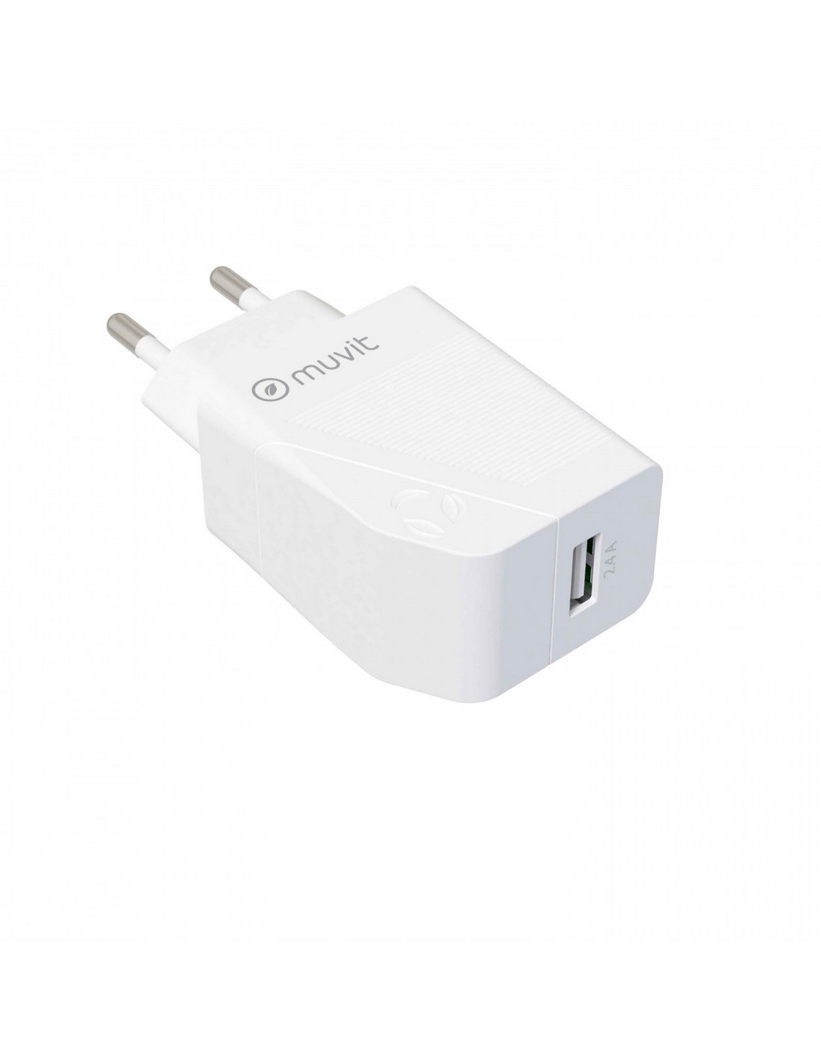 Cargador muvit blanco con puerto USB y enchufe, sobre fondo blanco.