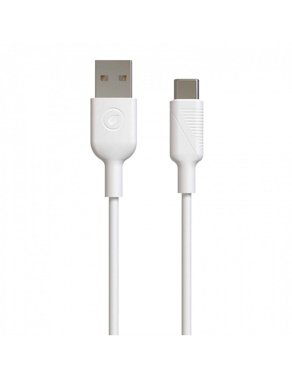 Cable USB-C a USB-A blanco, dos extremos. Fondo blanco.