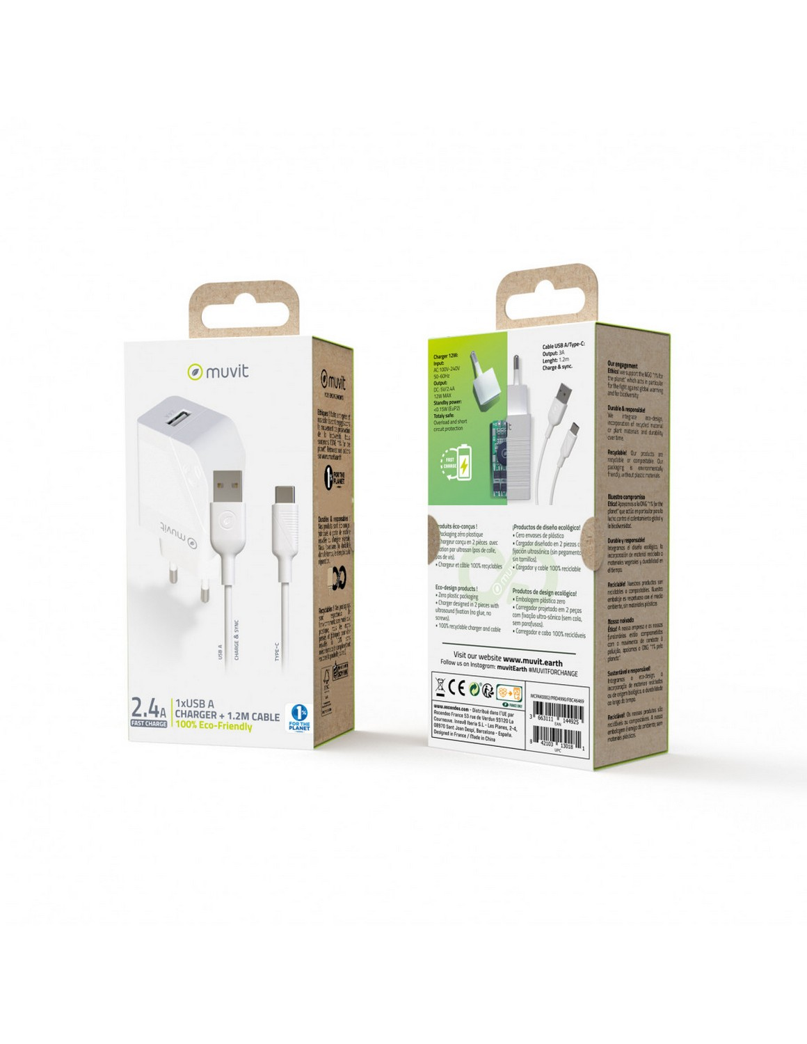 Caja de cargador Muvit: cargador blanco, cable y embalaje 100% ecológico.