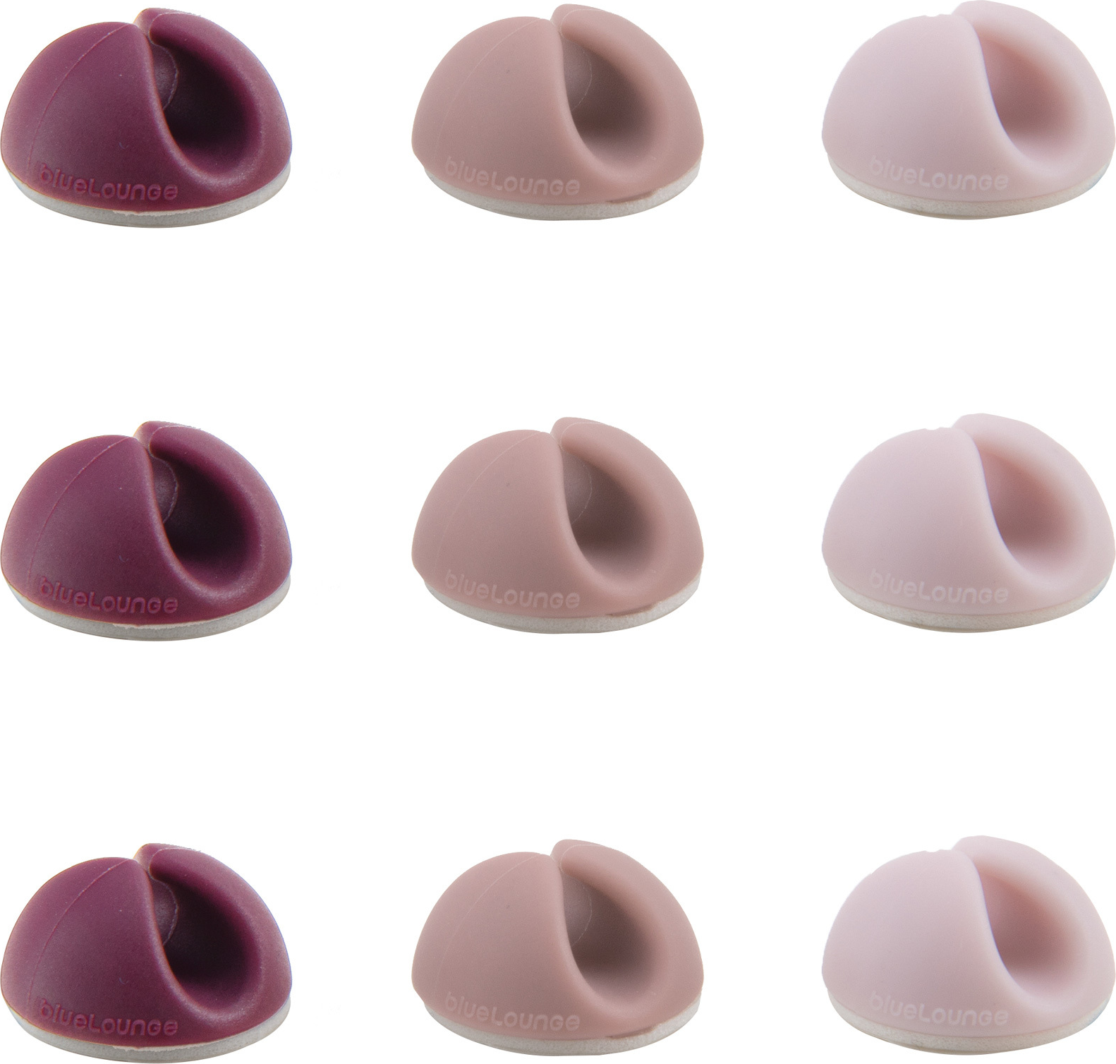 Nove organizzatori di cavi in tre colori: marrone, talpa e rosa chiaro. Marchio blueLounge.