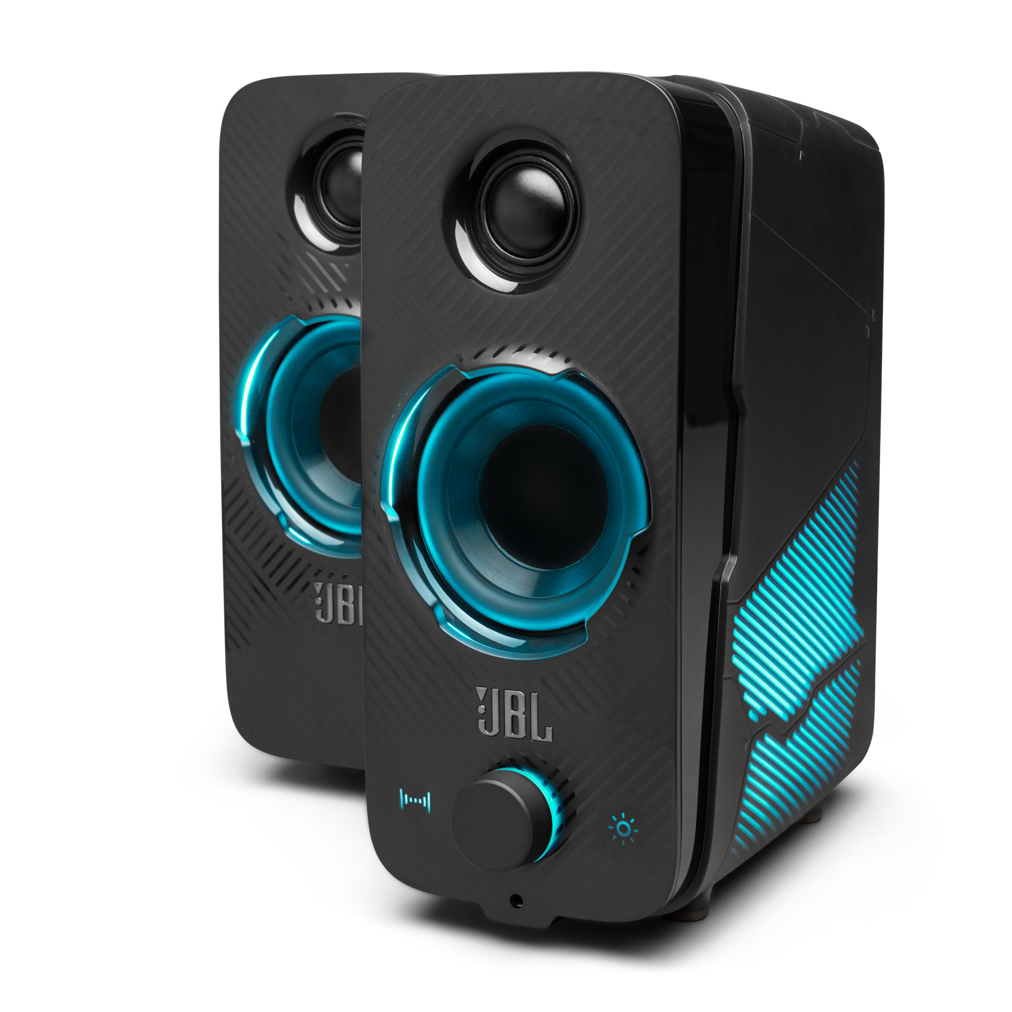 A pair of black JBL computer speakers with blue lights.