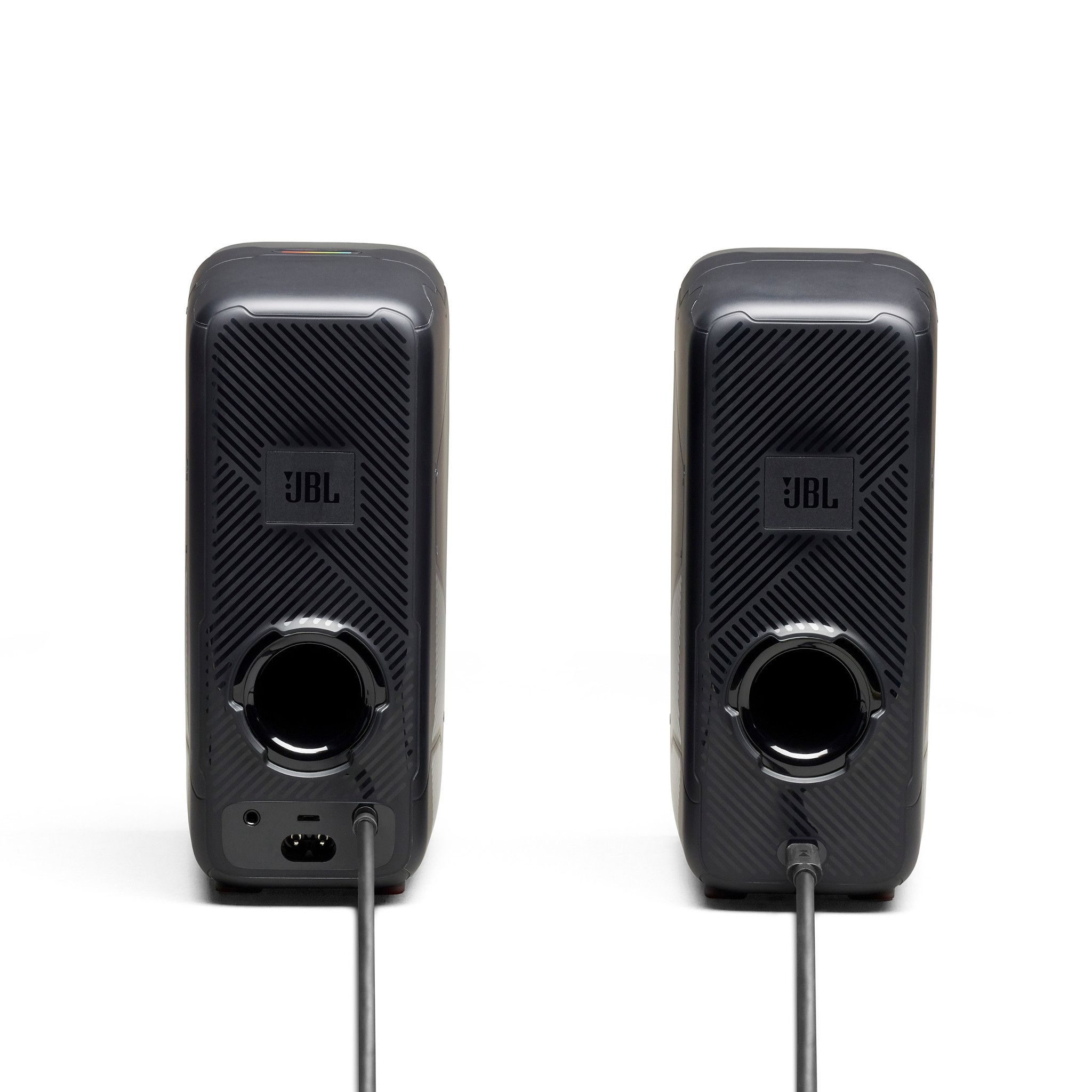Two black JBL speakers on a white background. Each has a mesh pattern and a JBL logo.