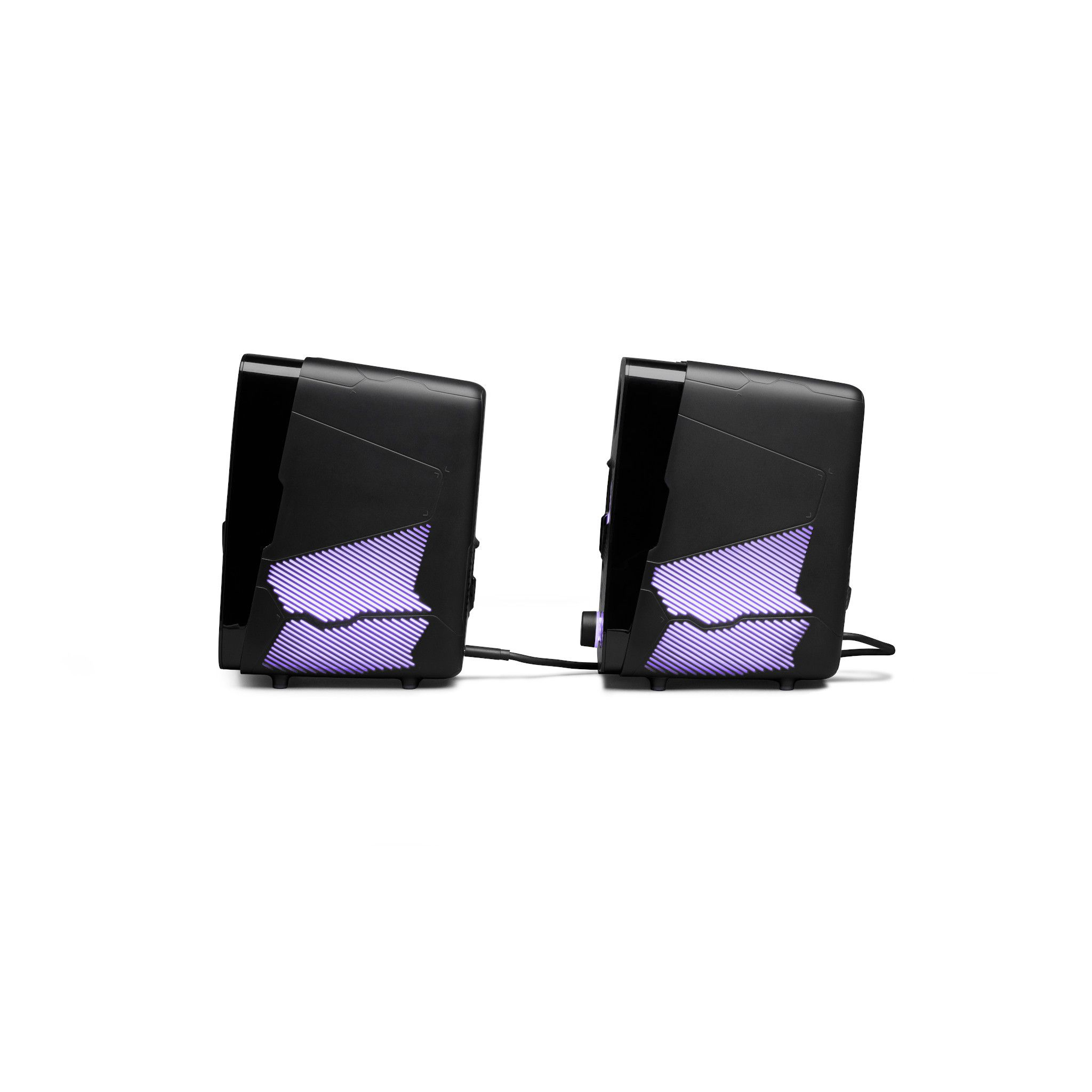Two black speakers with purple diagonal lines, on a white background.