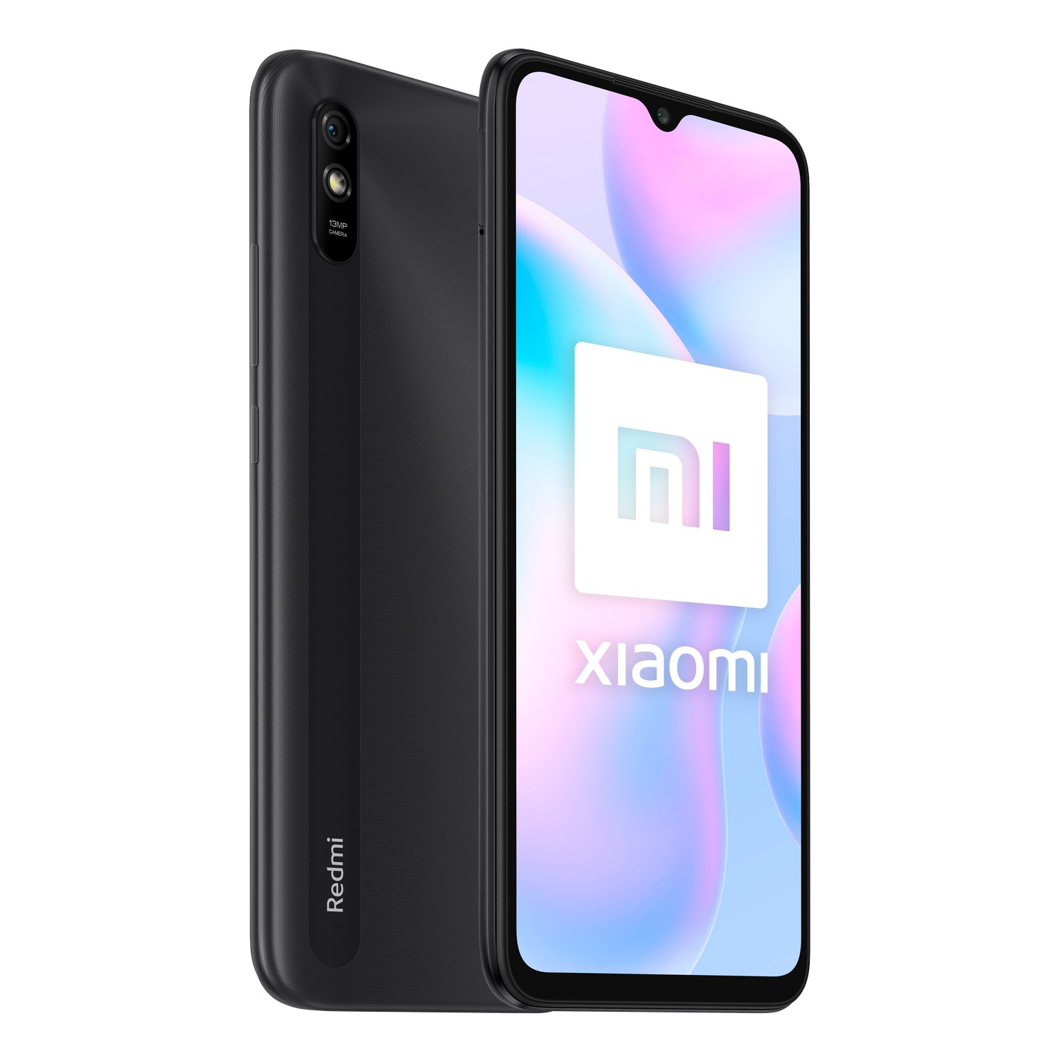 Un teléfono Xiaomi Redmi negro. El teléfono tiene una pantalla y una cámara doble.