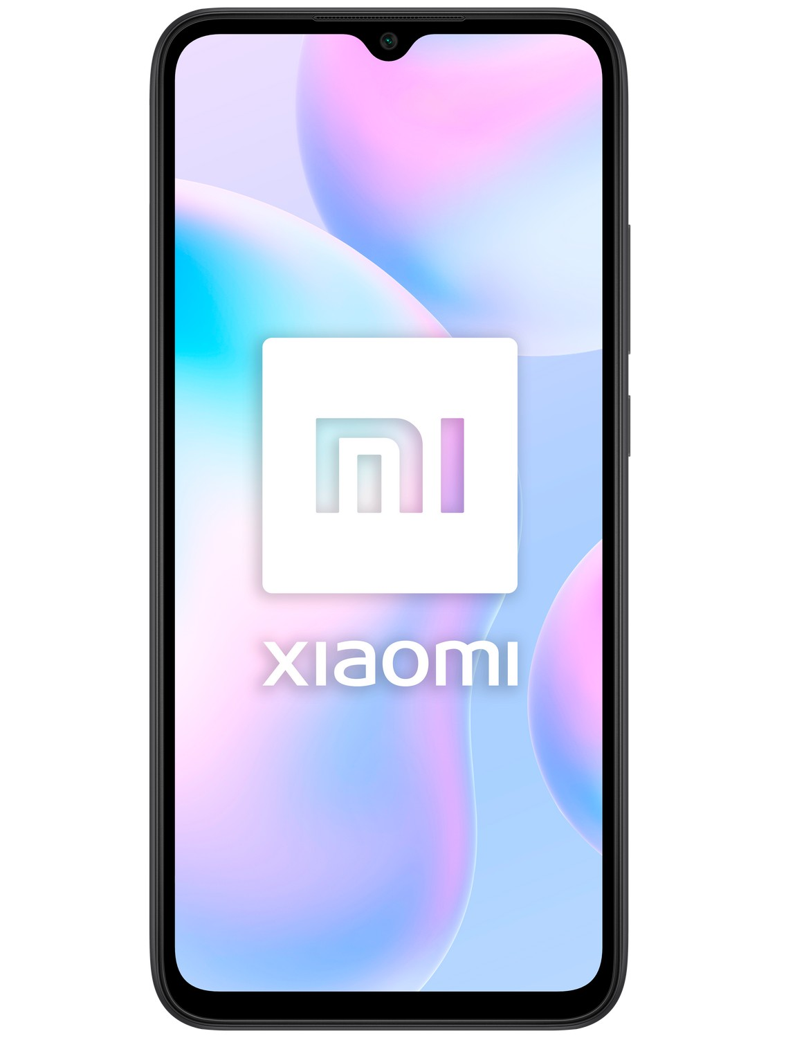 Un teléfono inteligente Xiaomi negro sobre un fondo colorido.
