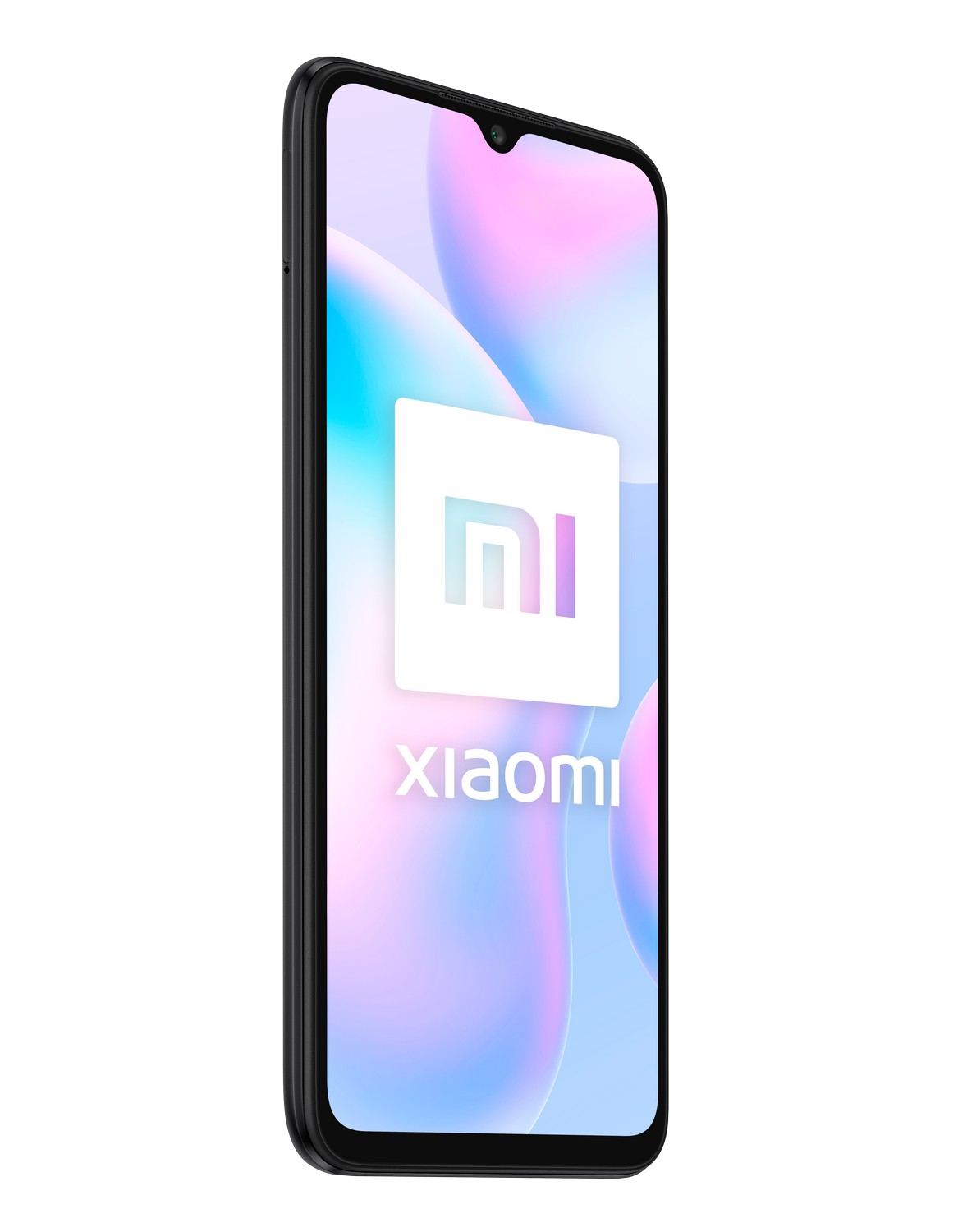Smartphone Xiaomi negro, con un logotipo blanco en la pantalla, sobre un fondo morado borroso.