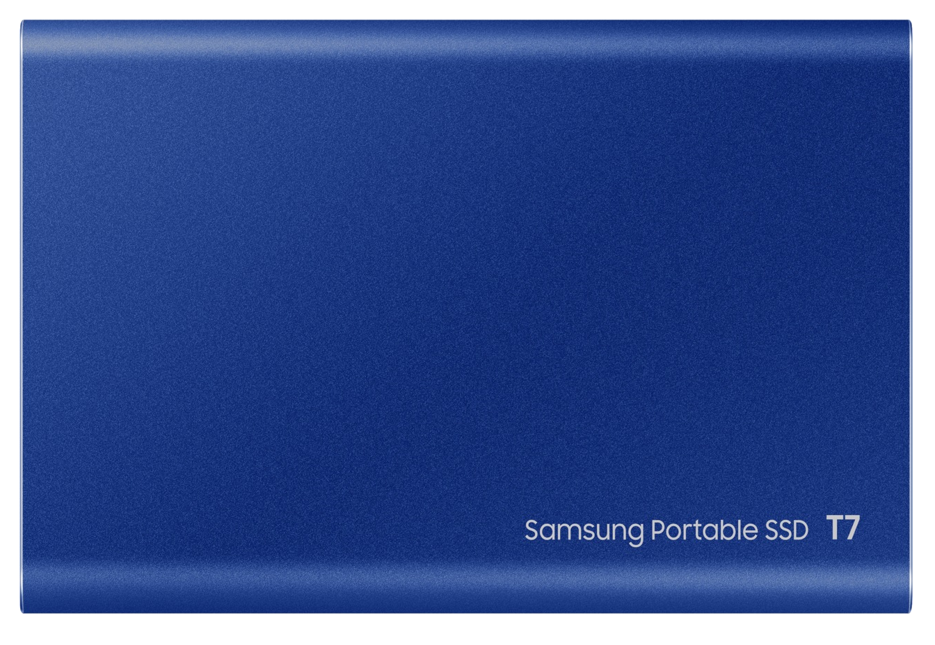 Kék Samsung Portable SSD T7 eszköz fehér szöveggel, fekete háttérrel.