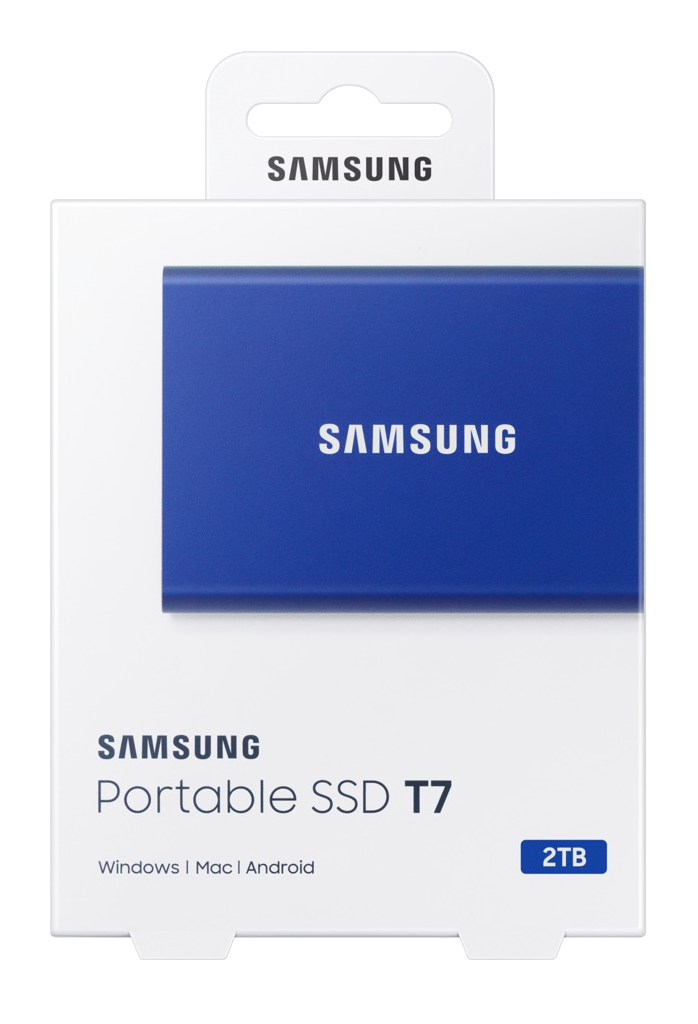 Samsung hordozható SSD T7 a dobozában. A doboz kék és fehér, '2TB' felirattal.