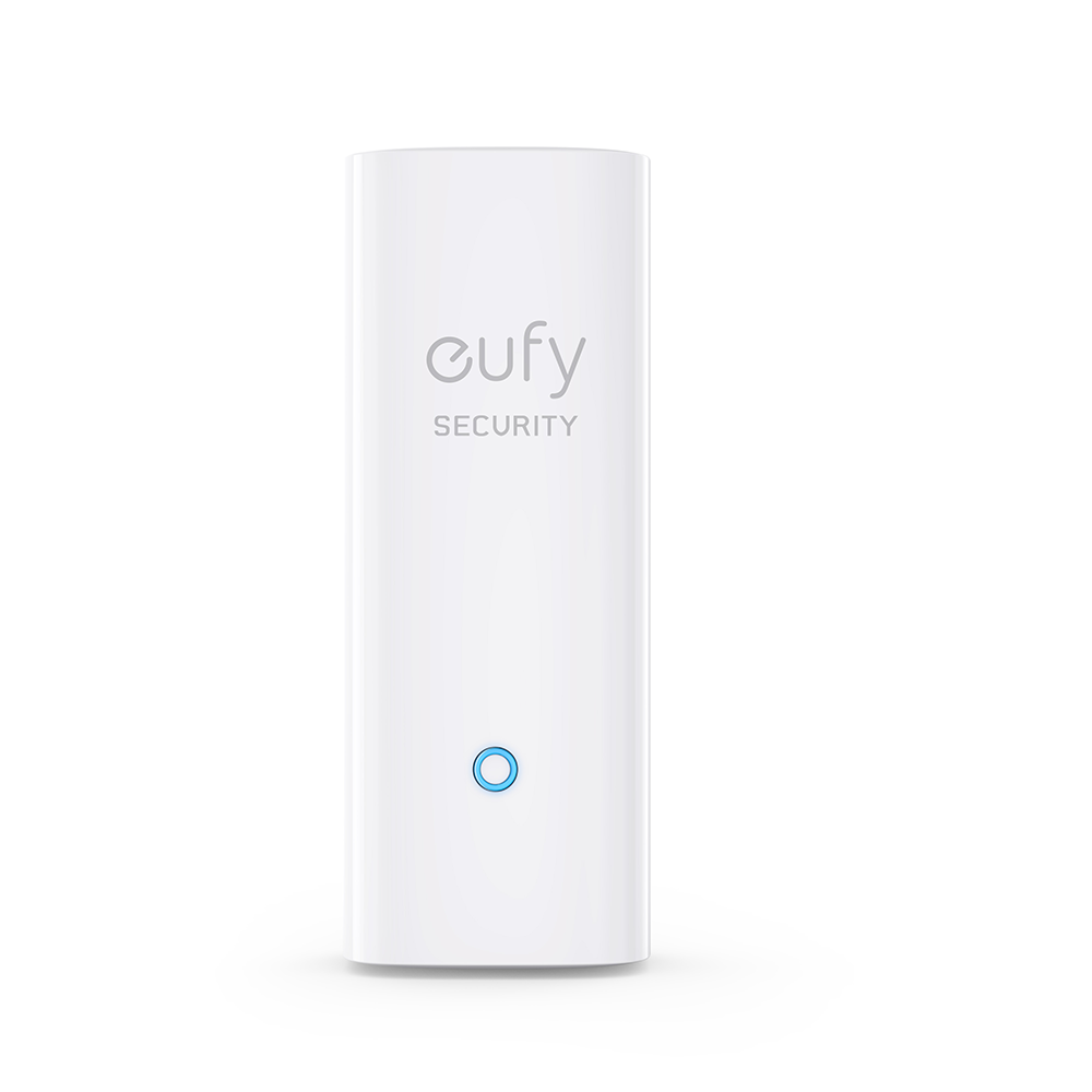 White eufy SECURITY device. Blue light indicator. Minimalist design. White background.