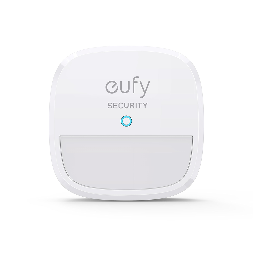 White Eufy security device with a blue light, isolated on white.