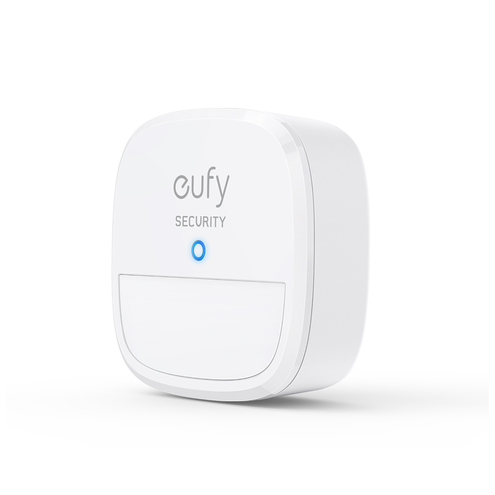 A white Eufy security device, with a blue light.