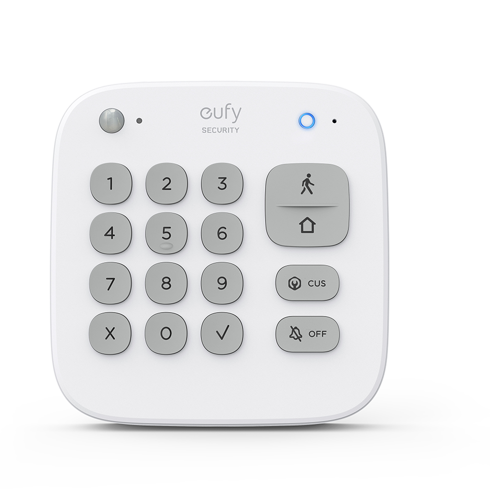 A white security keypad with numbered buttons, a home button, and an off button. Blue light on top.