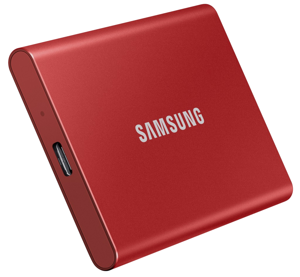 Piros Samsung külső merevlemez, Samsung logó, USB port és teljesítményjelző.