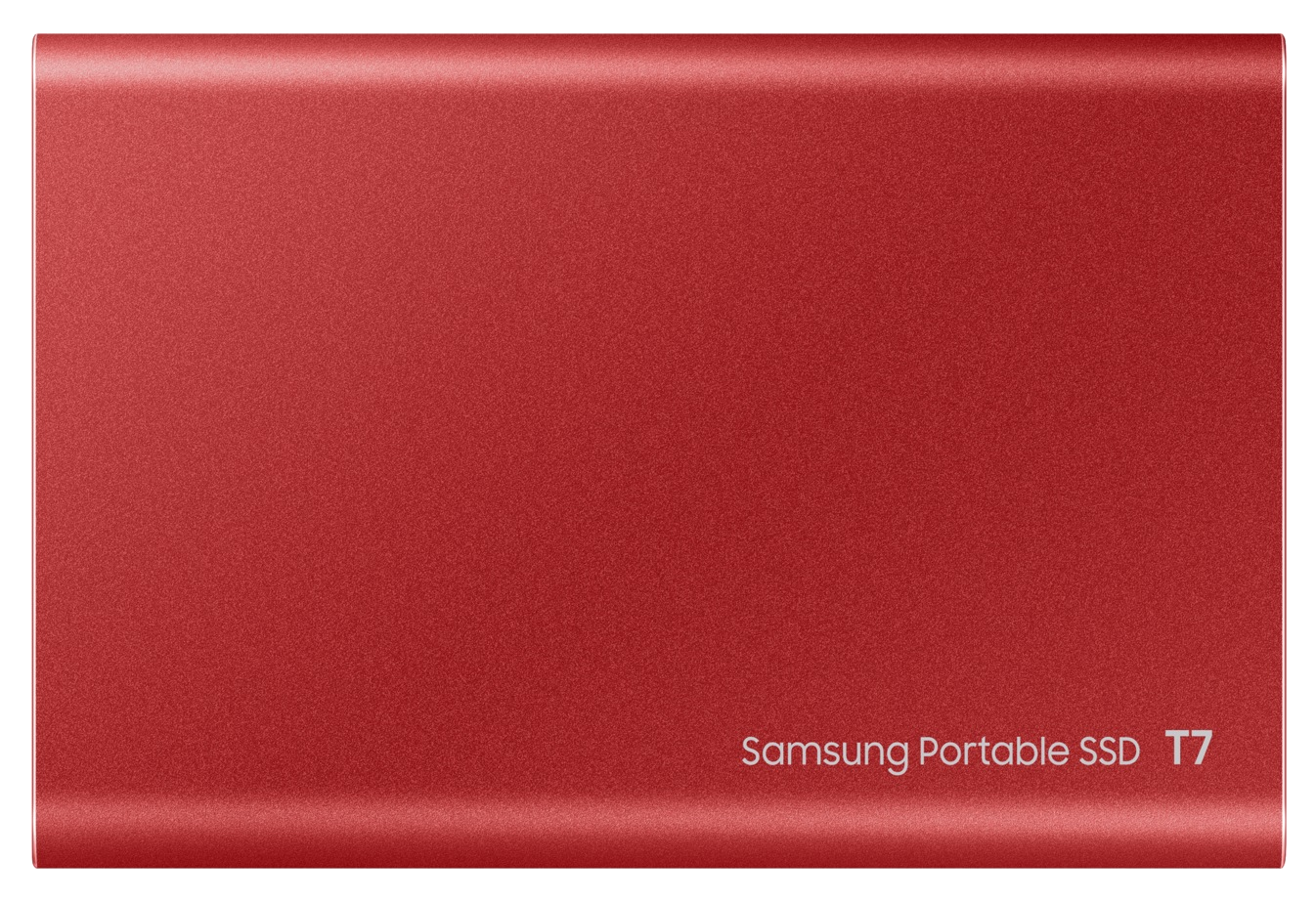 Piros Samsung Portable SSD T7 fekete háttéren.