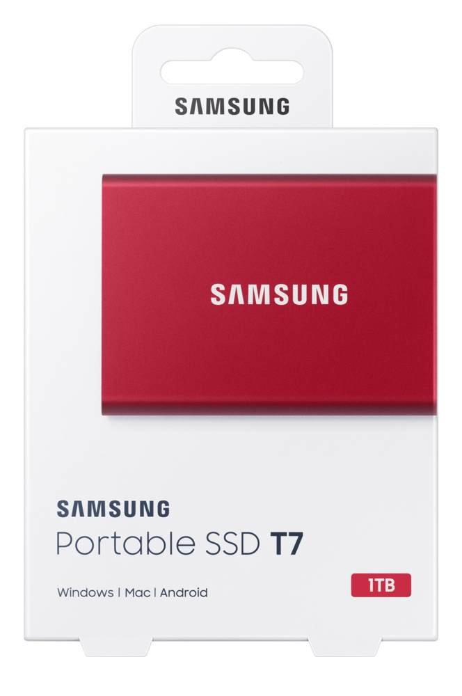 Piros Samsung hordozható SSD fehér dobozban, Samsung logóval.