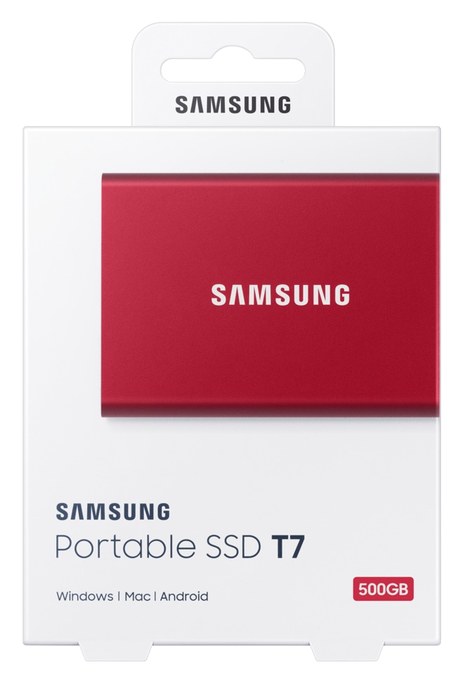 Piros Samsung hordozható SSD a dobozában. A doboz fehér, Samsung márkajelzéssel.