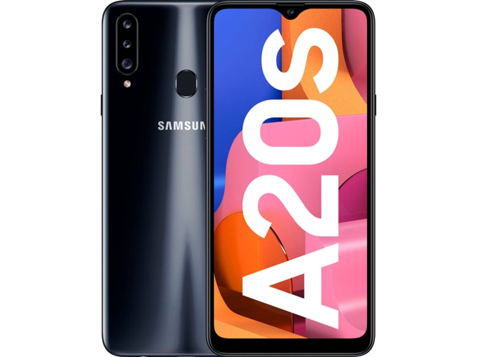 Smartphone negro con pantalla frontal que muestra un diseño abstracto colorido y el logotipo de Samsung.