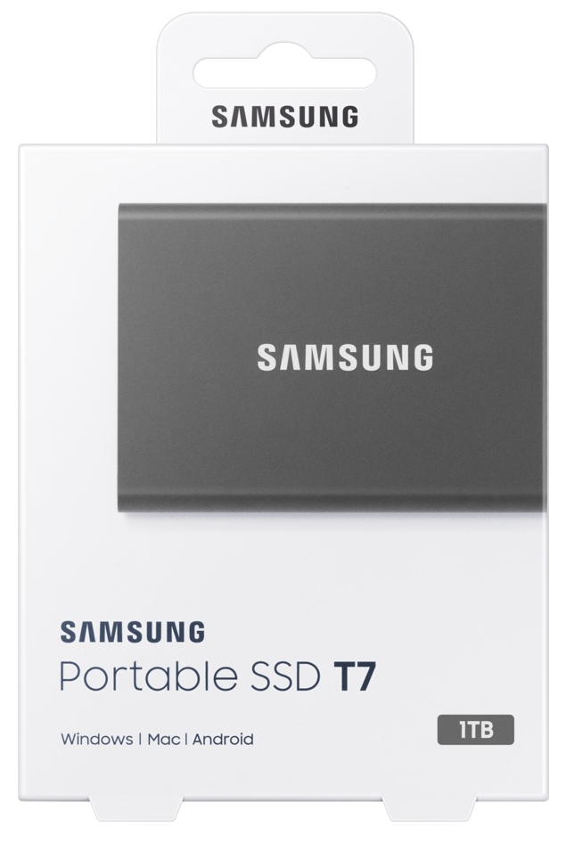 Samsung Portable SSD T7 fehér dobozban, szürke SSD-vel.
