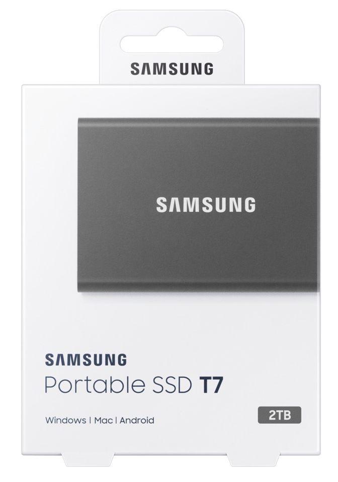 Samsung Portable SSD T7 fehér dobozban, szürke SSD-vel.