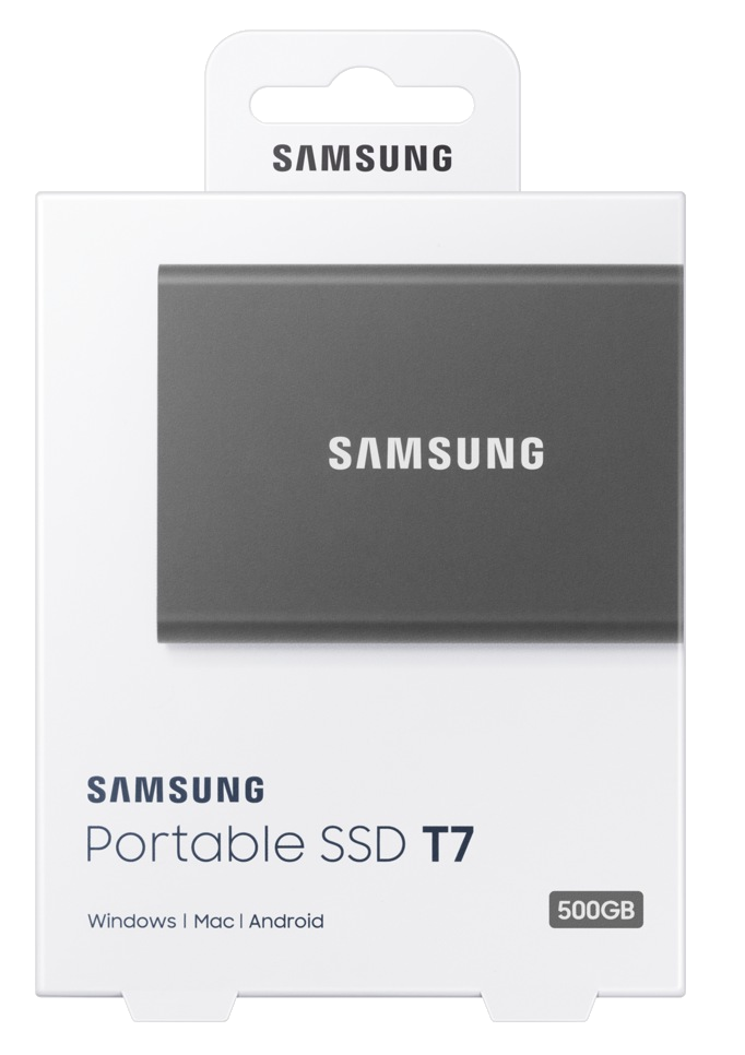 Fehér doboz ezüst, téglalap alakú SSD-vel és a Samsung logóval.