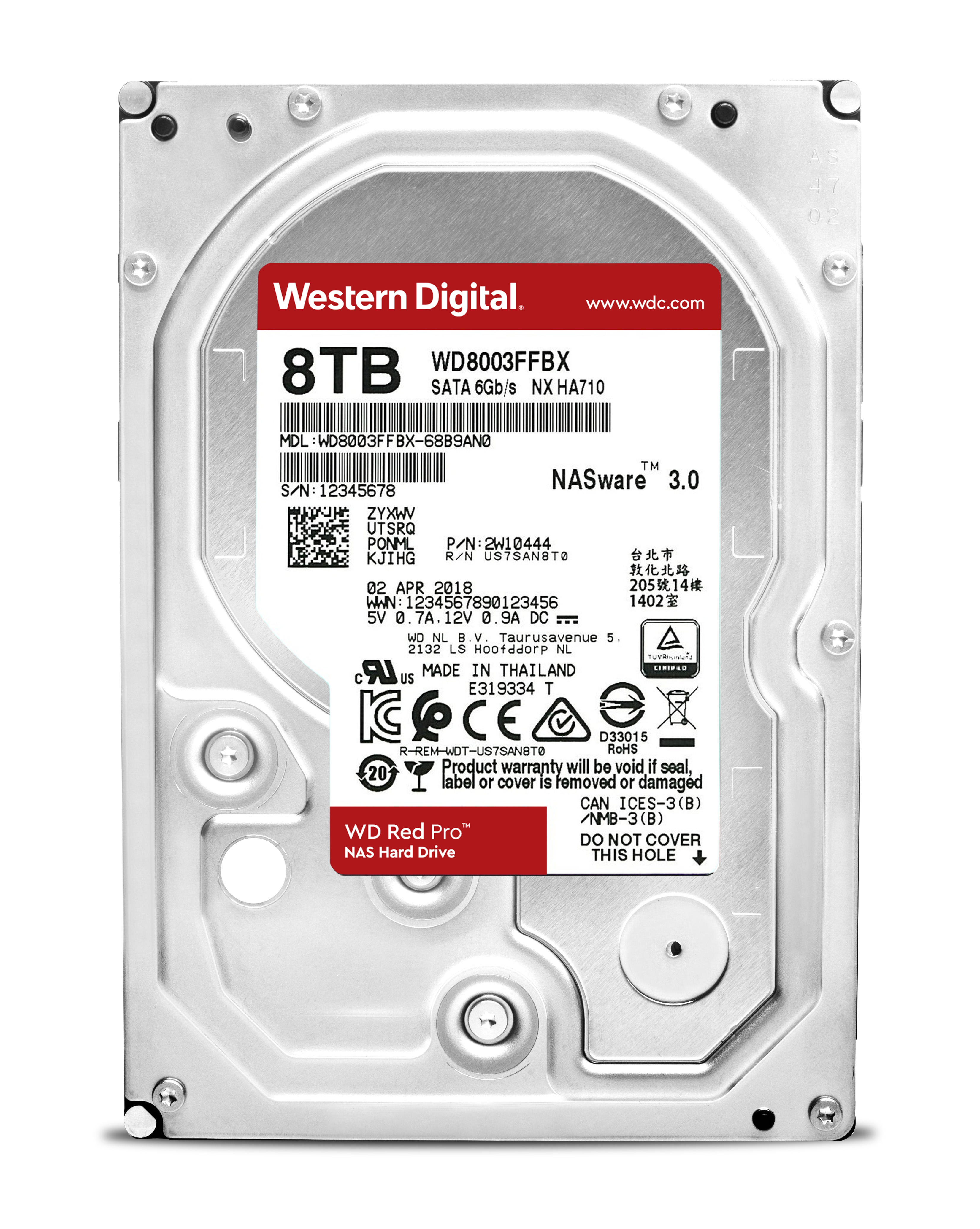 WD Red Pro NAS Festplatte. Rotes Etikett und Oberseite der Festplatte sichtbar.
