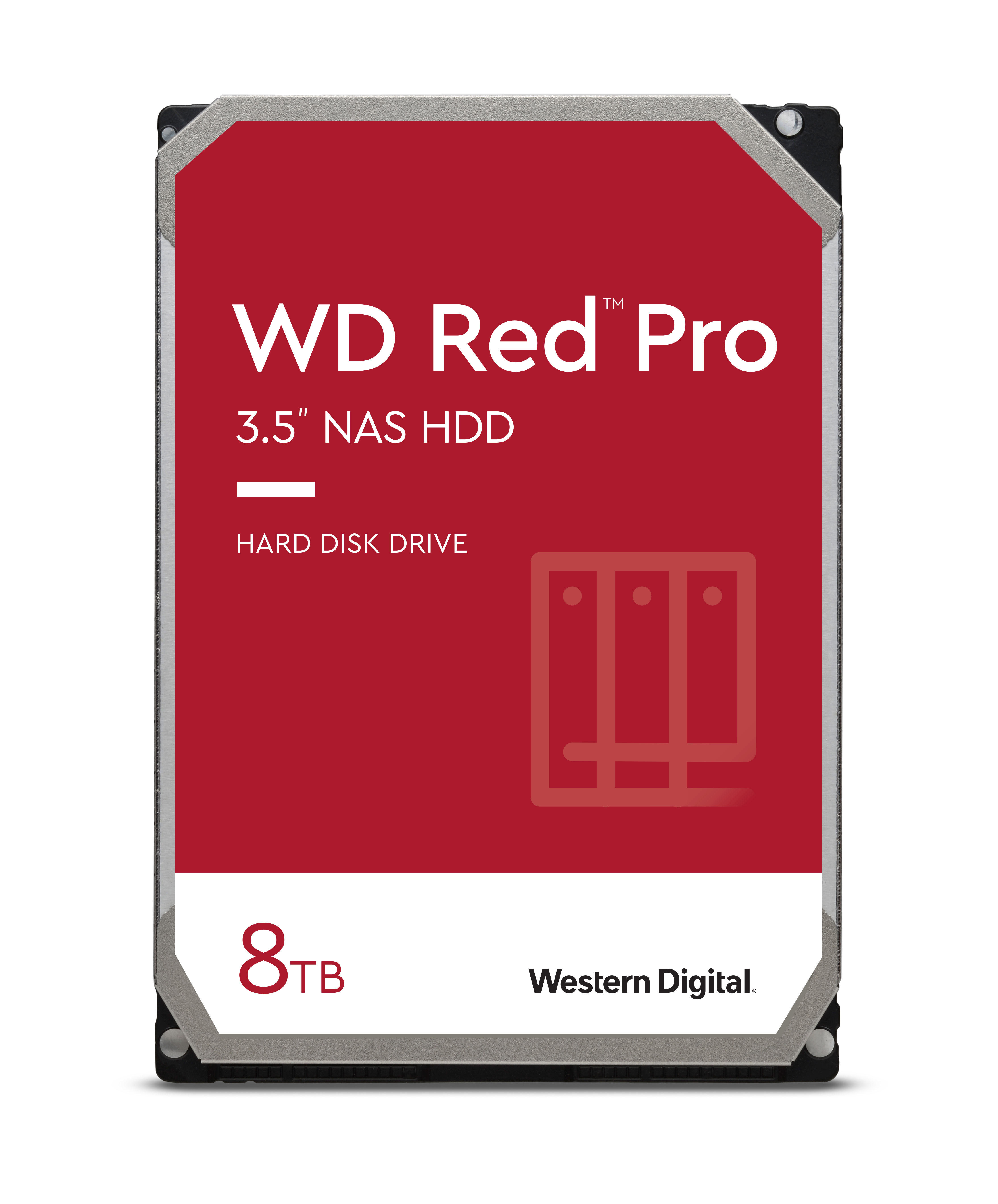 WD Red Pro 8TB Festplatte. Rotes Gehäuse mit weißem Text und dem Western Digital Logo.