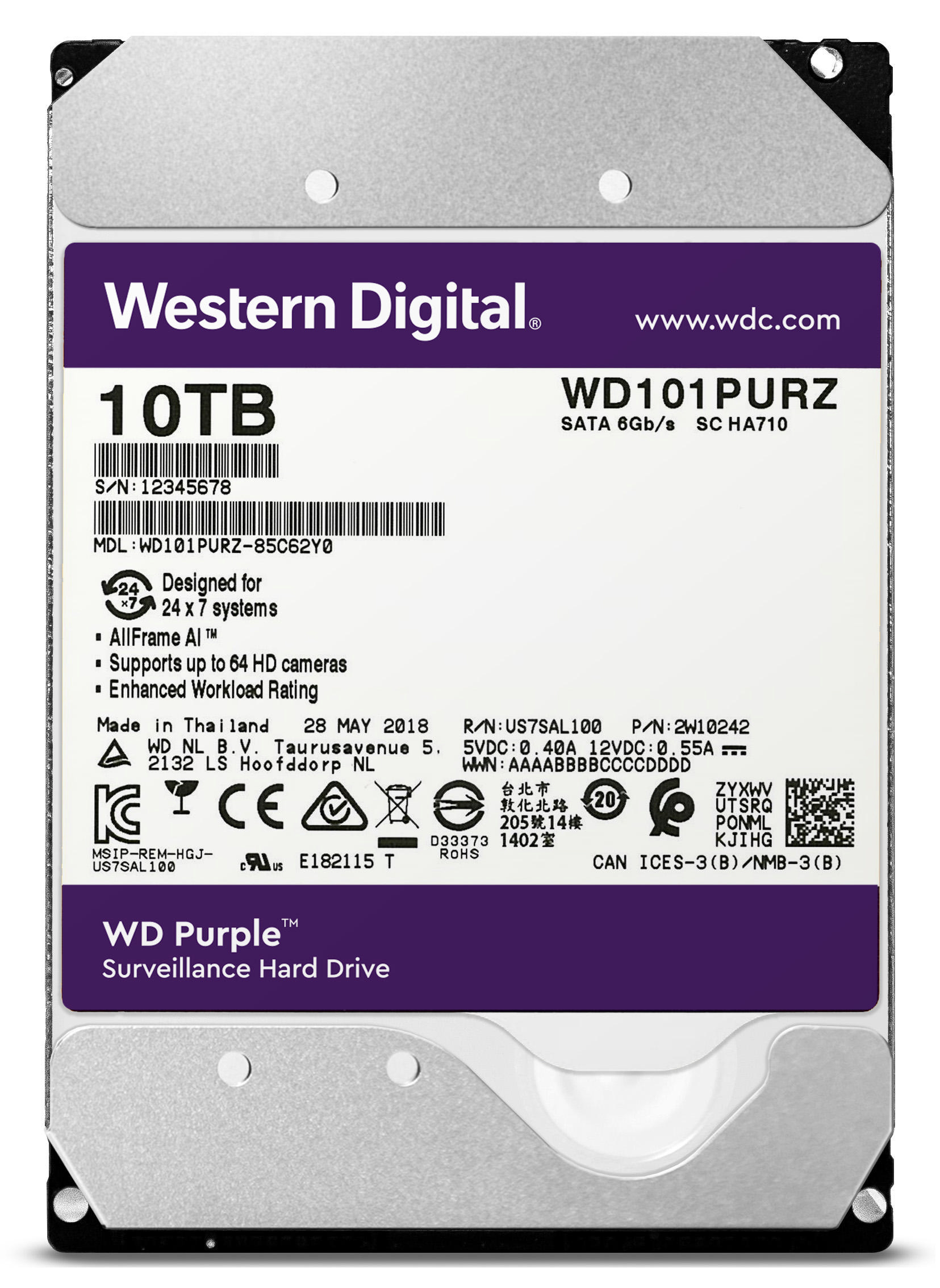 WD Purple Festplatte, 10 TB HDD SATA 6 Gbps, 3,5 Zoll, intern