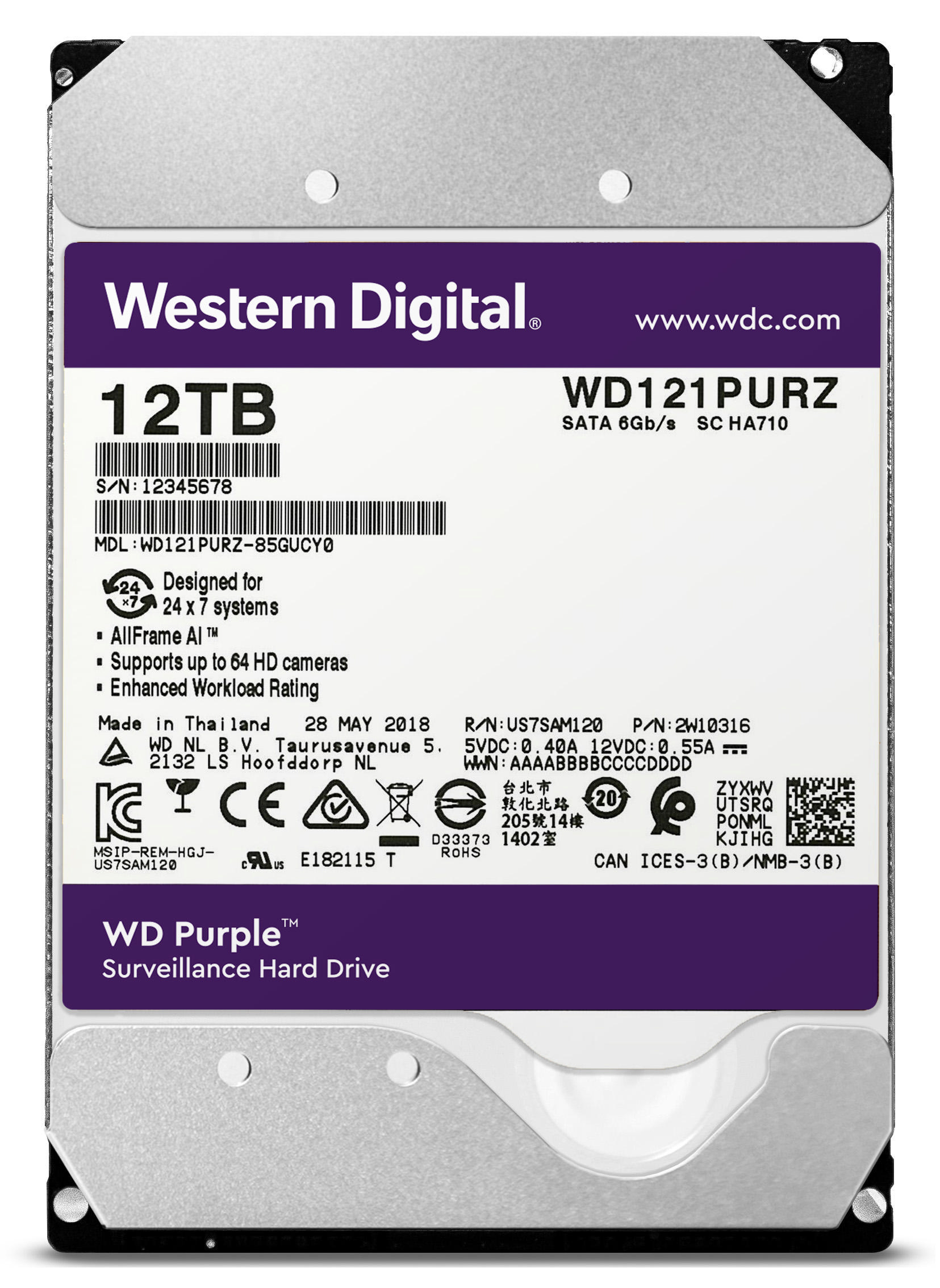 WD Purple Festplatte, 12 TB HDD SATA 6 Gbps, 3,5 Zoll, intern