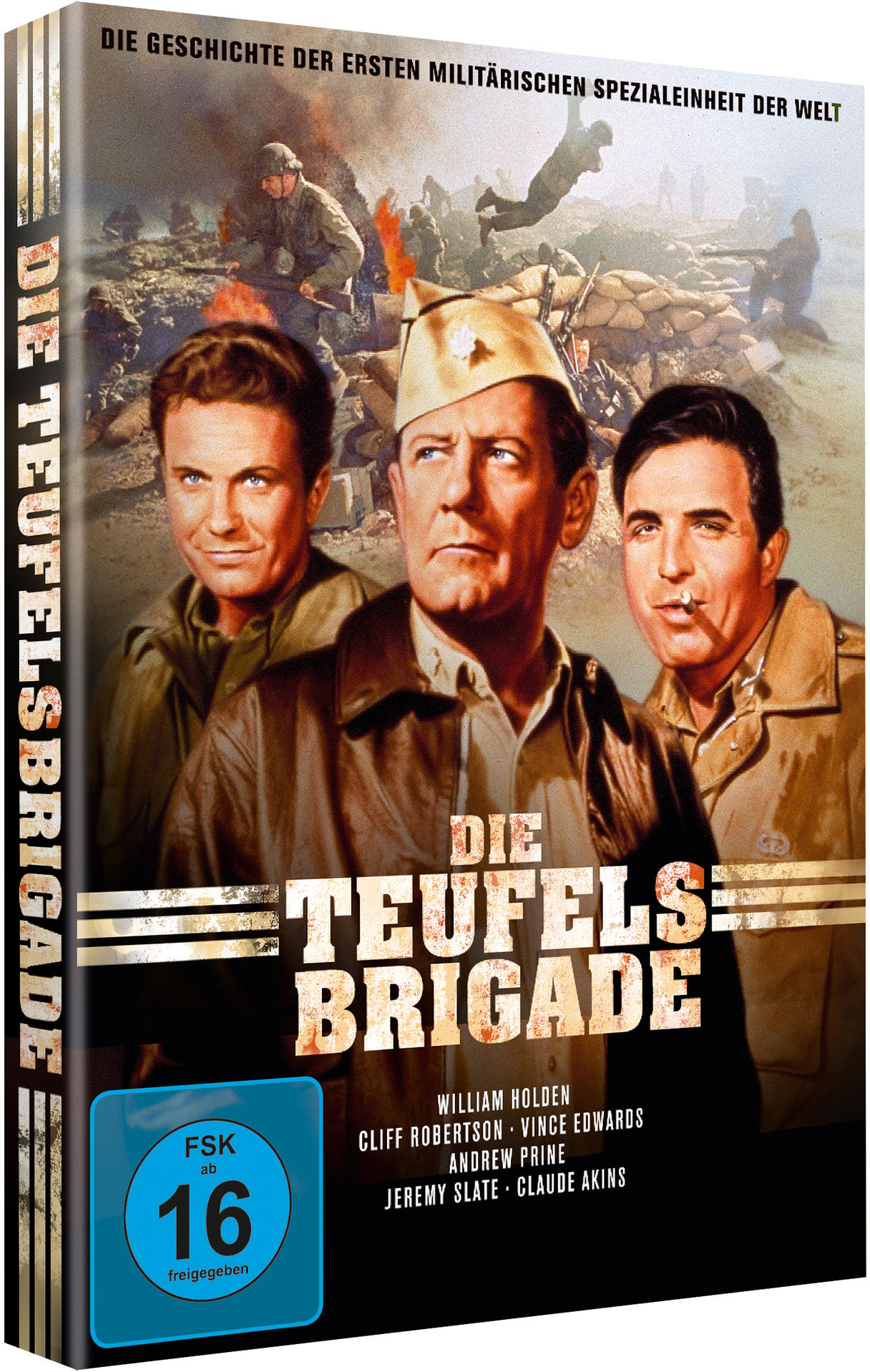 DVD-Cover für 'Die Teufelsbrigade' mit drei Schauspielern, Text und dem FSK 16 Logo.