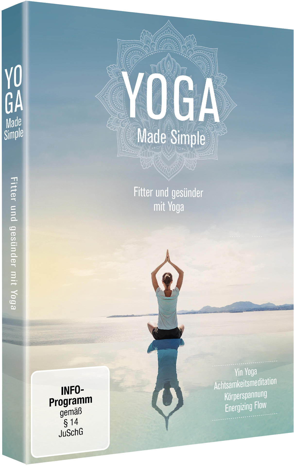 Buchcover von Yoga Made Simple mit einer Frau, die auf dem Wasser meditiert.