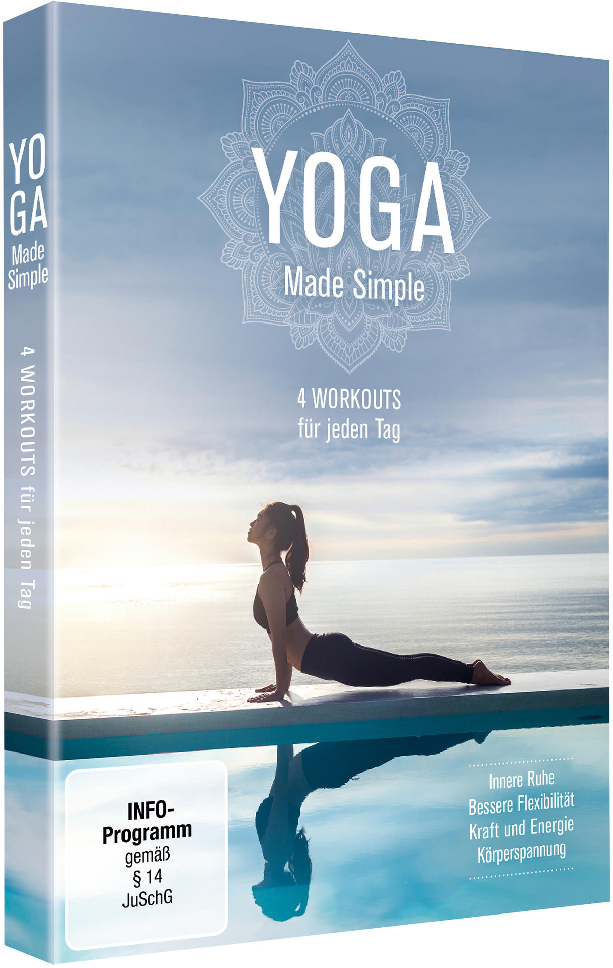 DVD-Hülle von Yoga Made Simple. Eine Frau in Yogapose spiegelt sich im Wasser.