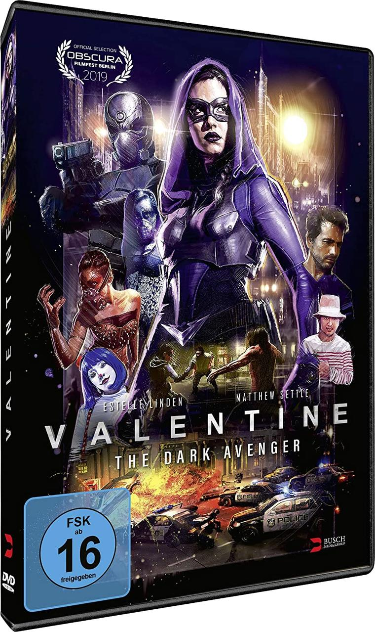 DVD-Cover für Valentine The Dark Avenger. Es zeigt verschiedene Charaktere und eine dunkle Stadt.