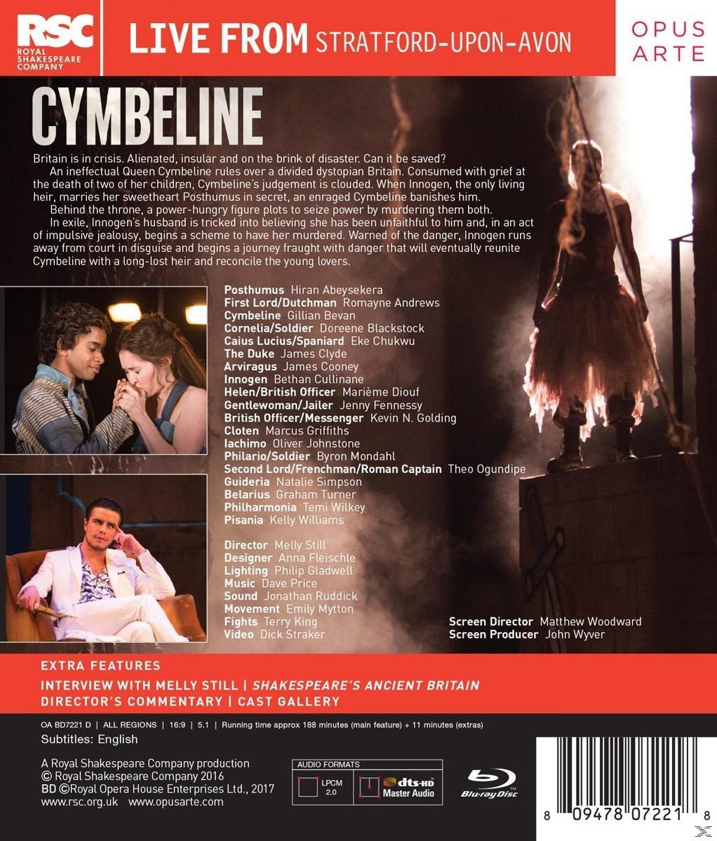 Rückseite der Cymbeline DVD-Hülle. Text und Bilder eines Theaterstücks vorhanden.