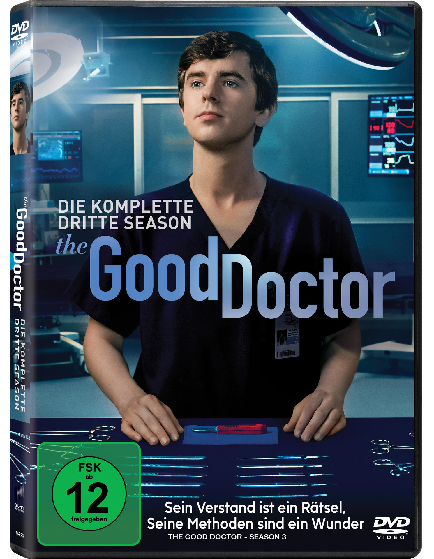 DVD-Cover von The Good Doctor, Staffel 3. Mann in OP-Kleidung, medizinische Geräte, Titel und FSK-Bewertung.