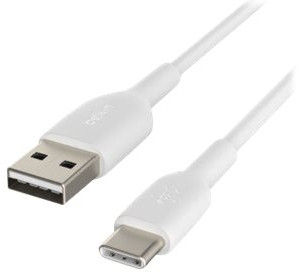 White USB-A to USB-C cable, angled. Connectors at each end. Background is plain white.