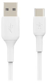 White USB to USB-C cable. USB on the left, USB-C on the right. Belkin brand.