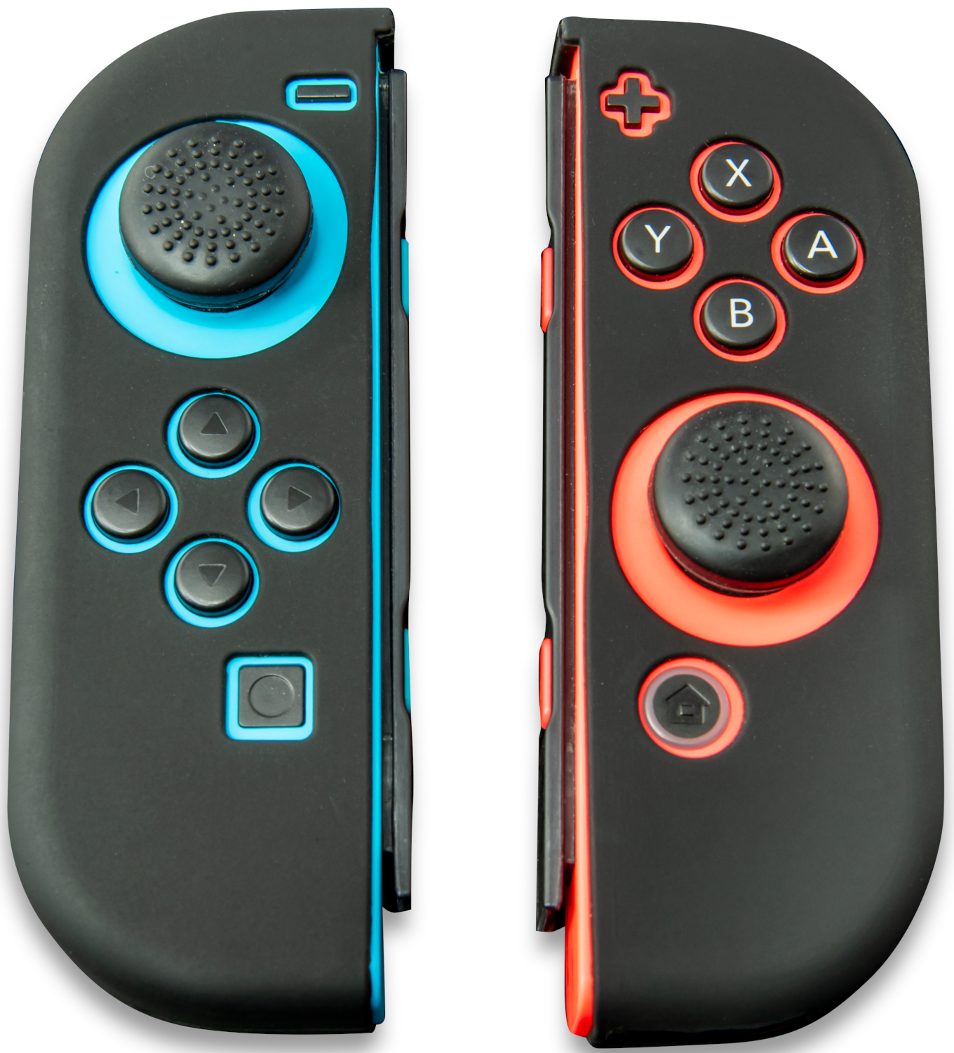 Deux manettes de jeu noires avec des accents bleus et rouges, boutons étiquetés X, Y, A, B et boutons directionnels.