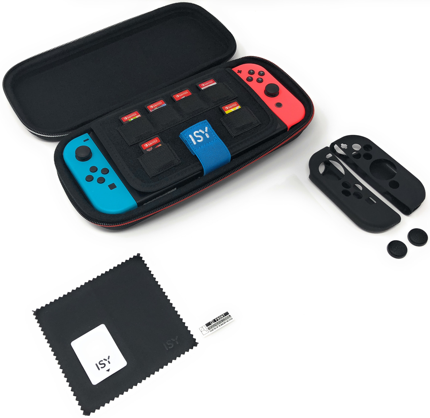 Console Nintendo Switch dans un étui de transport noir. Comprend des manettes et accessoires supplémentaires.